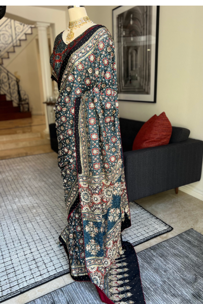 AJRAKH SAREE IN BLUE & RED WITH ZARDZI, SEQUIN & ZARI WORK