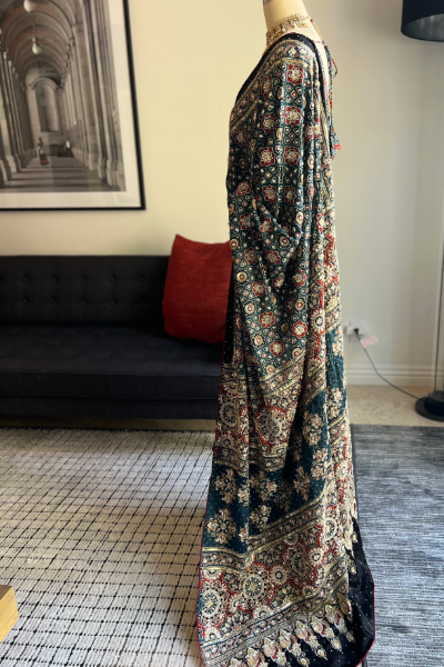 AJRAKH SAREE IN BLUE & RED WITH ZARDZI, SEQUIN & ZARI WORK