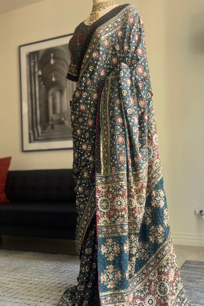 AJRAKH SAREE IN BLUE & RED WITH ZARDZI, SEQUIN & ZARI WORK