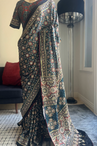 AJRAKH SAREE IN BLUE & RED WITH ZARDZI, SEQUIN & ZARI WORK