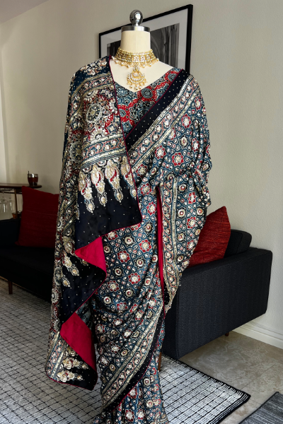 AJRAKH SAREE IN BLUE & RED WITH ZARDZI, SEQUIN & ZARI WORK