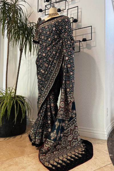 AJRAKH SAREE IN BLUE & RED WITH ZARDZI, SEQUIN & ZARI WORK