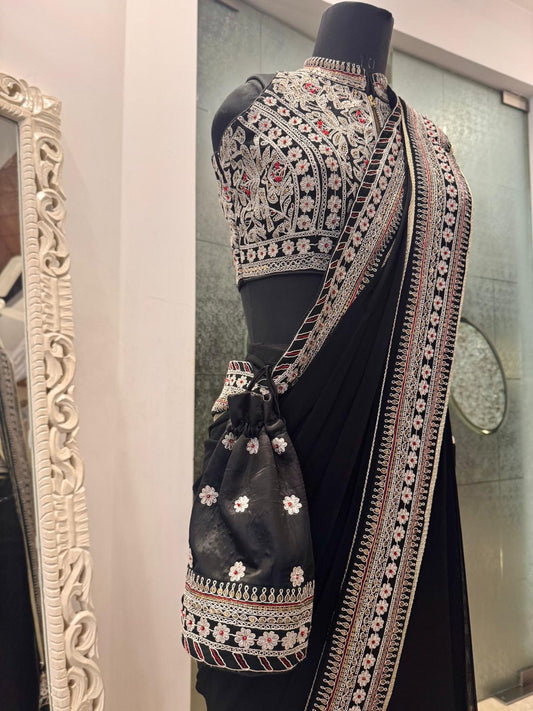 BLACK SILVER EMBROIDERED PRED DRAPED SAREE WITH POTLI