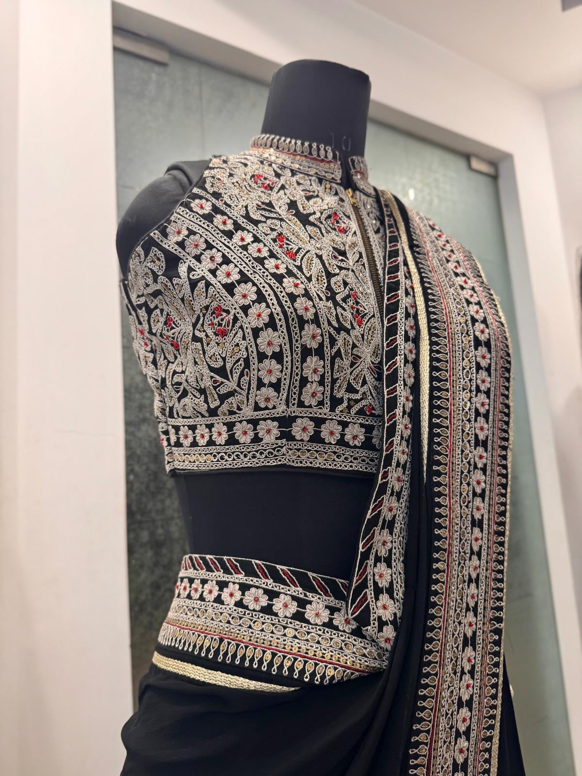 BLACK SILVER EMBROIDERED PRE DRAPED SAREE WITH POTLI