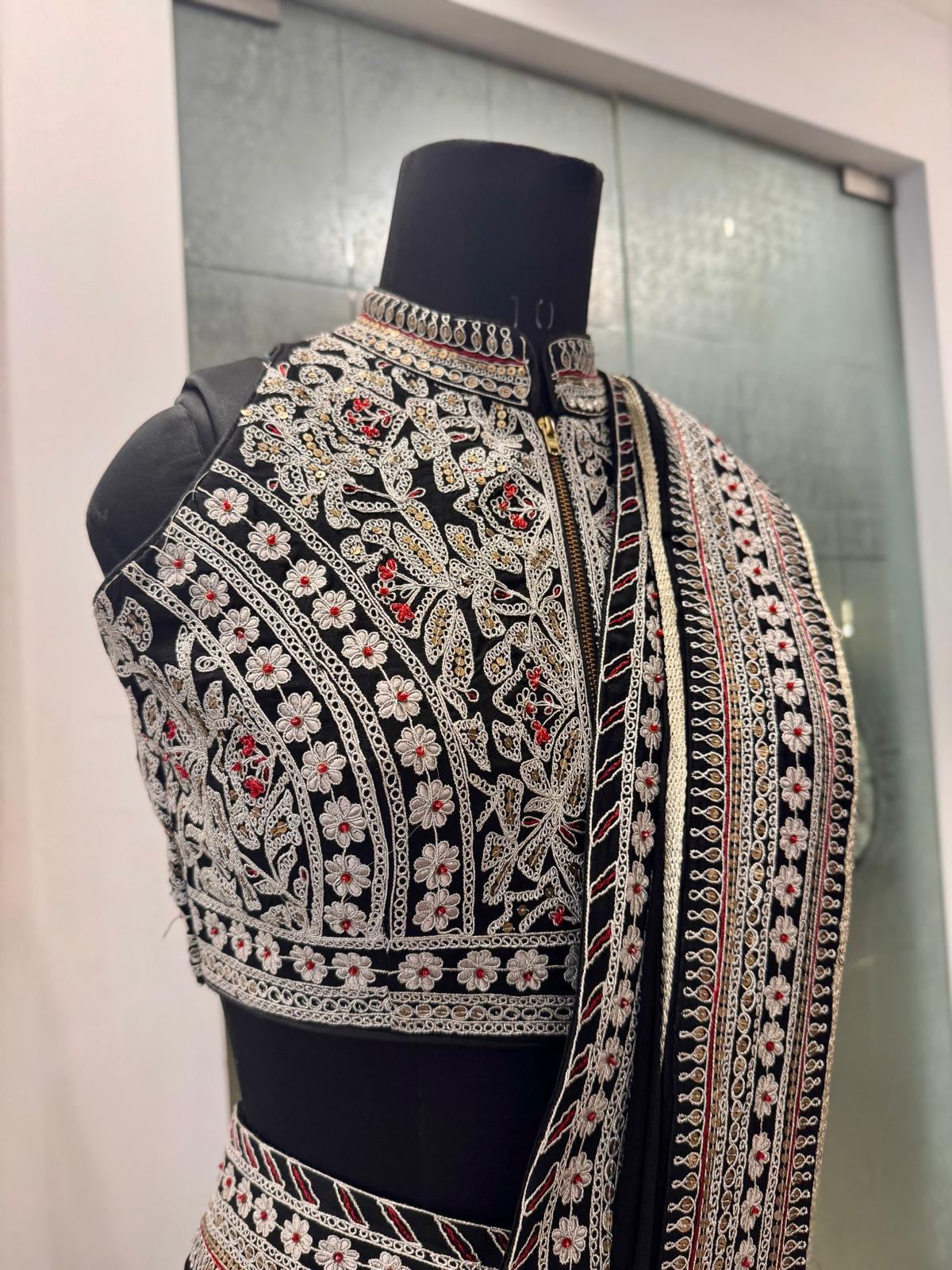 BLACK SILVER EMBROIDERED PRE DRAPED SAREE WITH POTLI