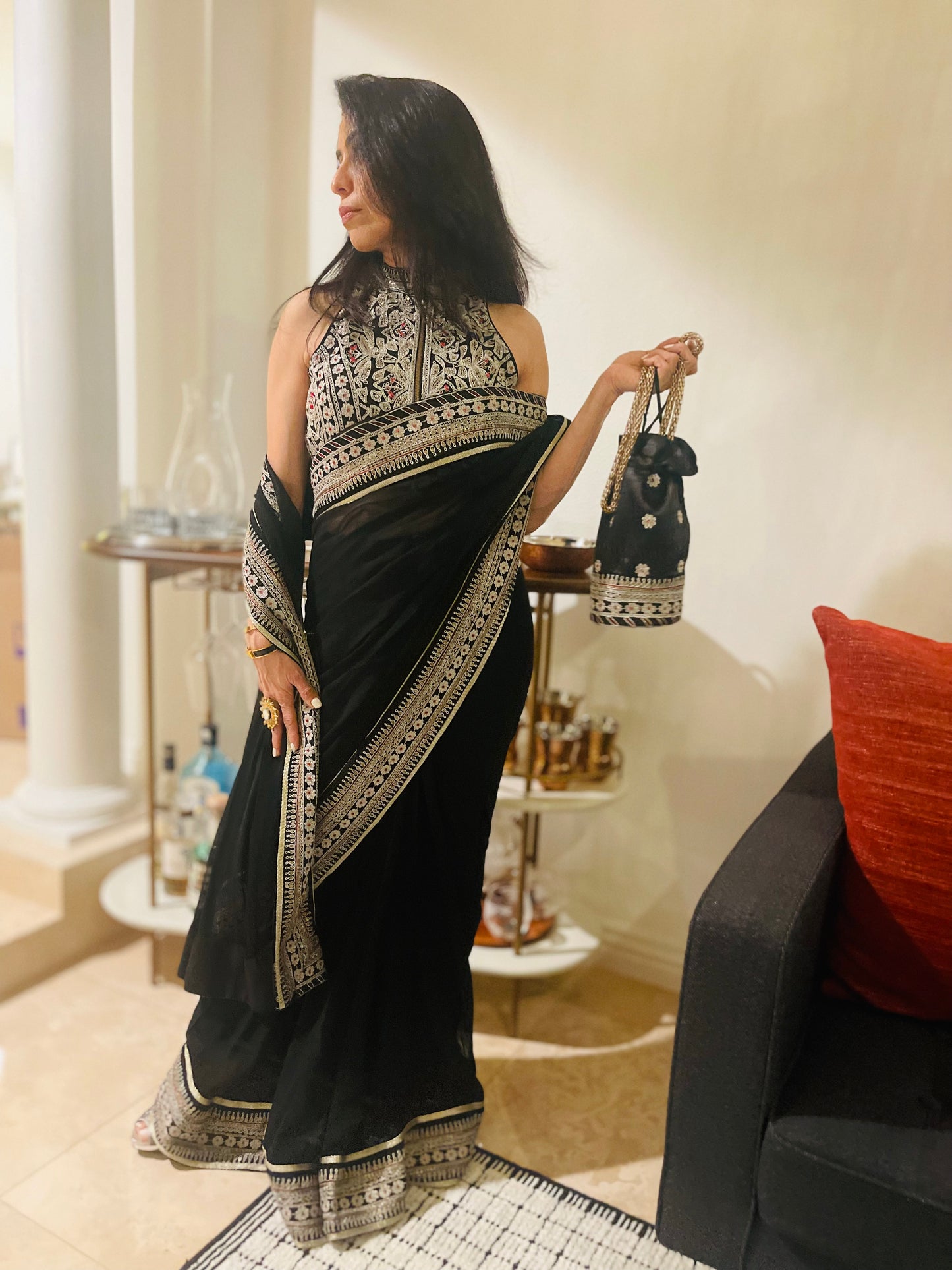 BLACK SILVER EMBROIDERED PRE DRAPED SAREE WITH POTLI
