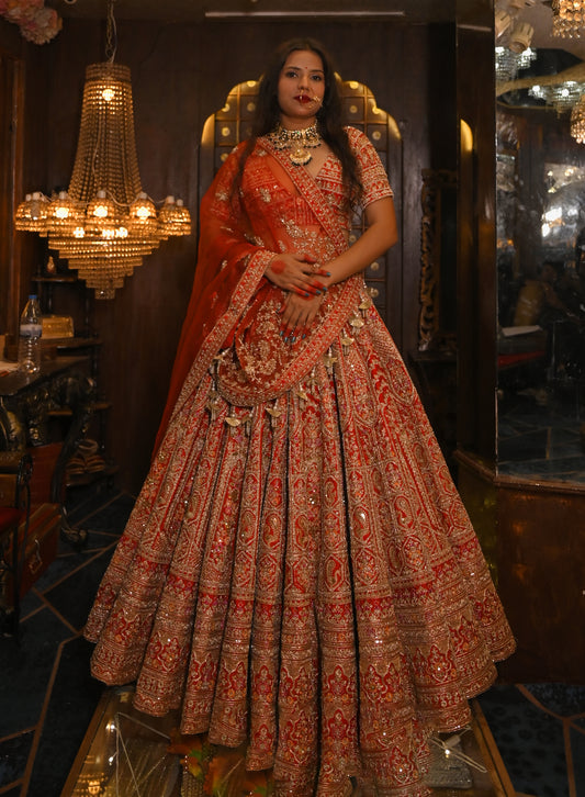 BANDHEJ MULIT BLOCK RED PANEL SILK LEGHENGA