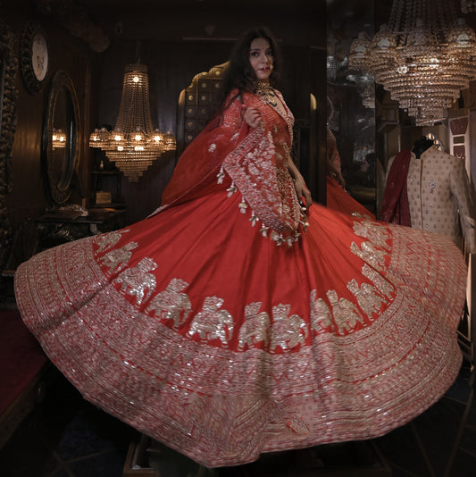 HALF BORDER SILK LEHENGA WITH ELEPHANTS
