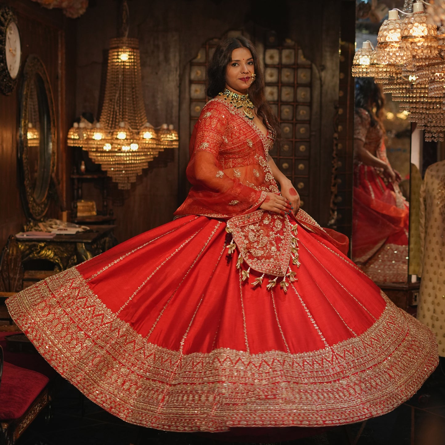 HALF BORDER SILK LEHENGA WITH LINES