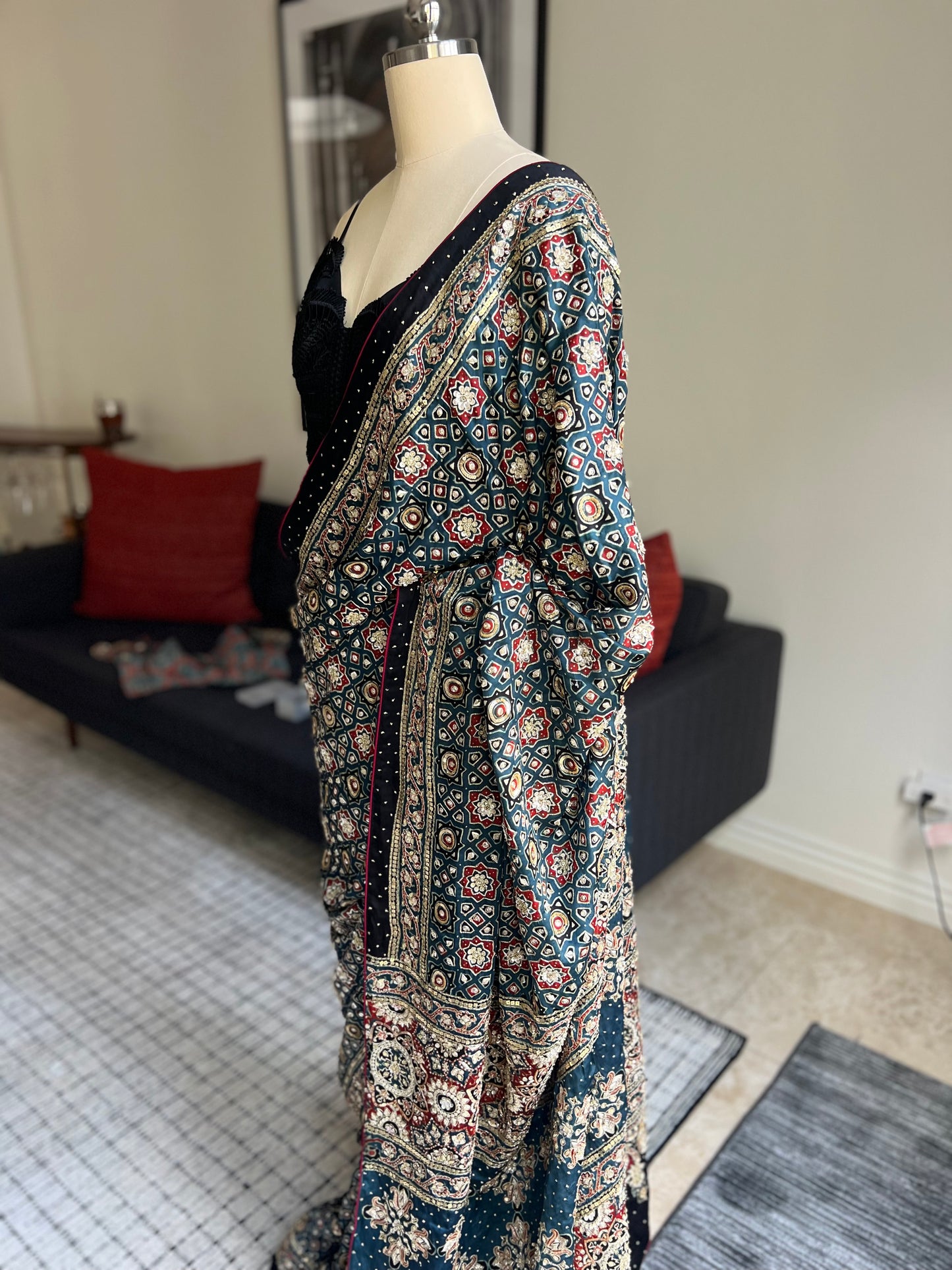AJRAKH SAREE IN BLUE & RED WITH ZARDZI, SEQUIN & ZARI WORK