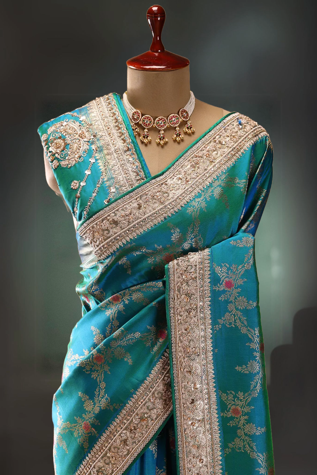 DUAL TONE EMBROIDERED BLUE AND GREEN BANARASI SARI