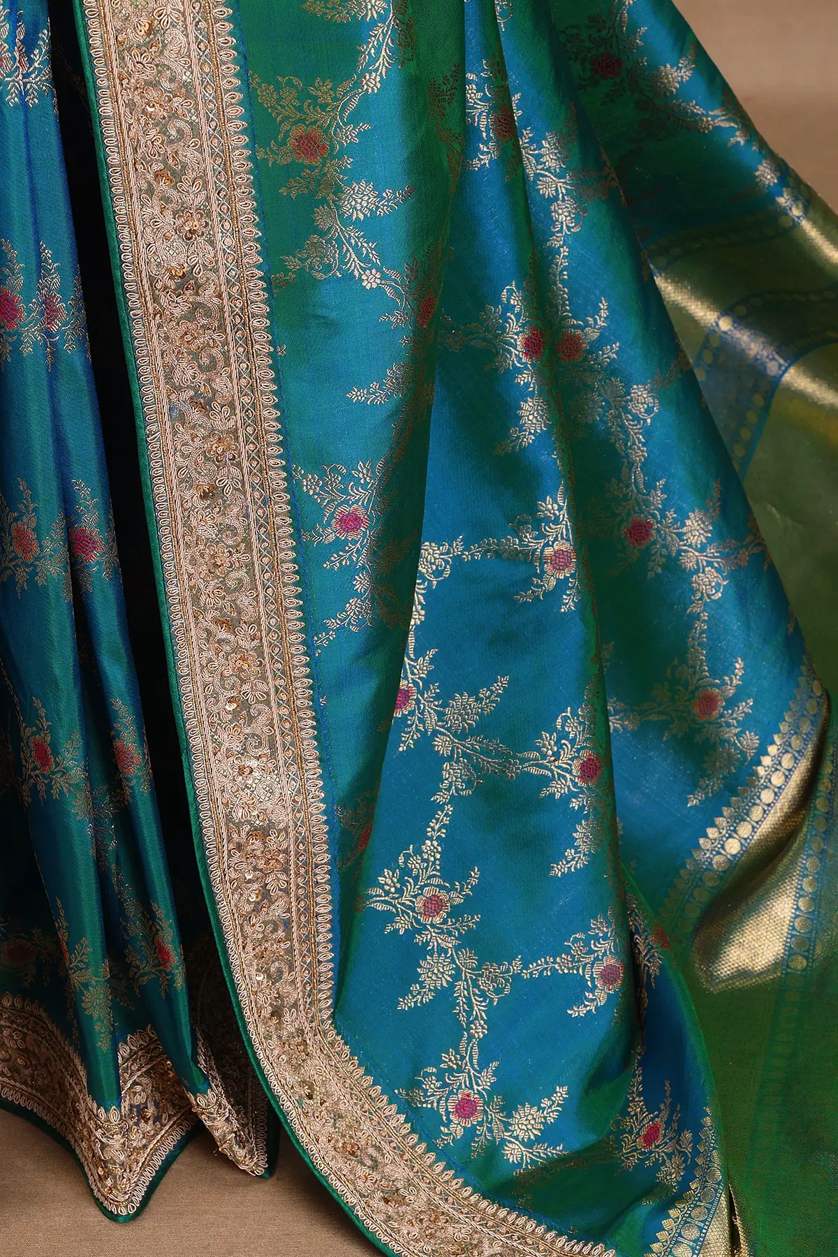 DUAL TONE EMBROIDERED BLUE AND GREEN BANARASI SARI