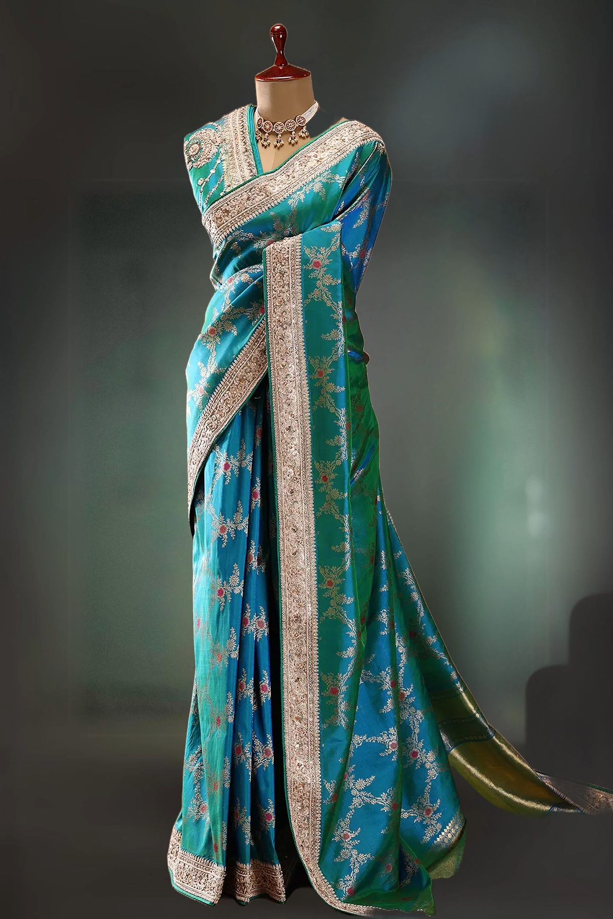 DUAL TONE EMBROIDERED BLUE AND GREEN BANARASI SARI