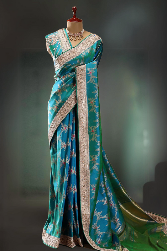 DUAL TONE EMBROIDERED BLUE AND GREEN BANARASI SARI