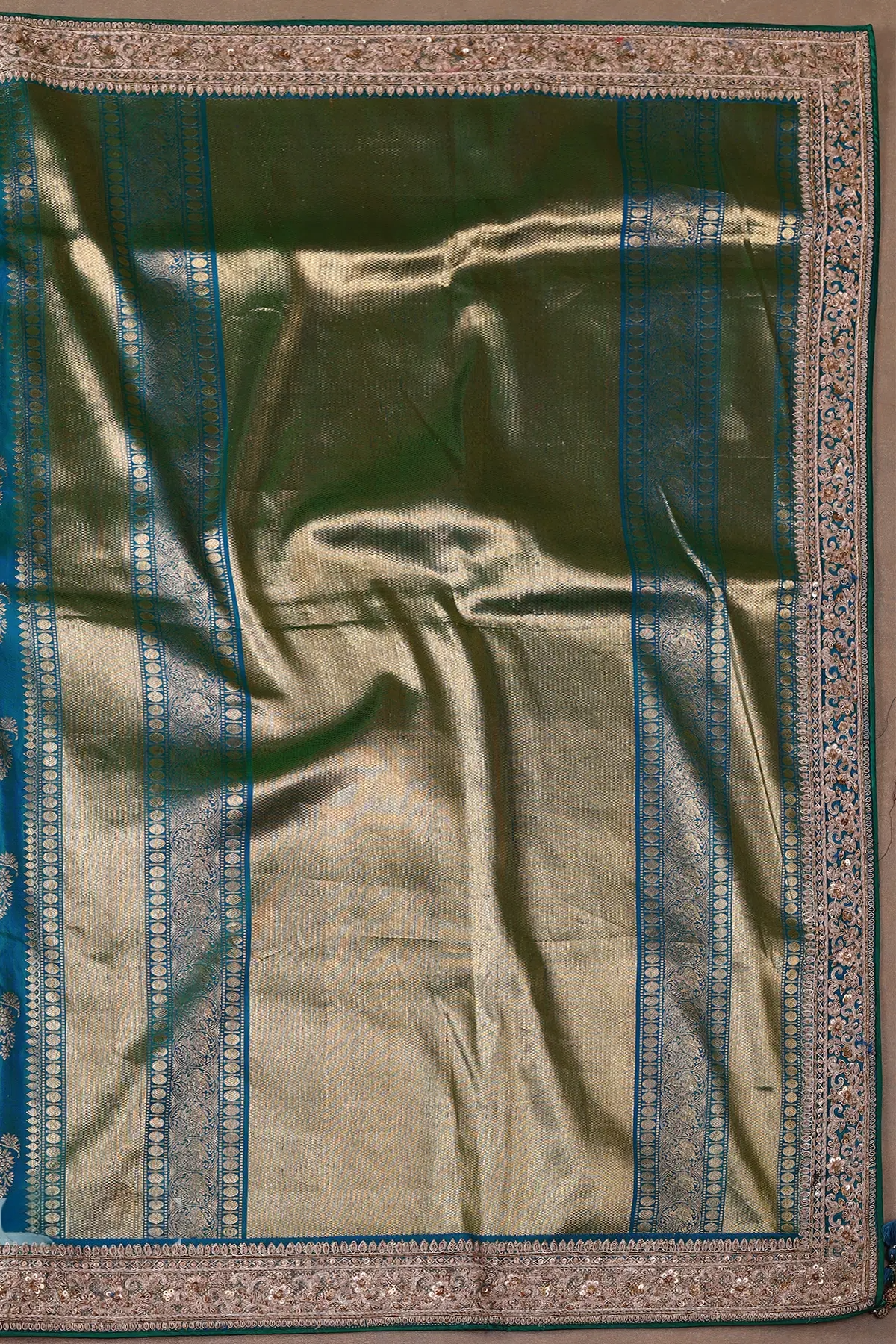 DUAL TONE EMBROIDERED BLUE AND GREEN BANARASI SARI