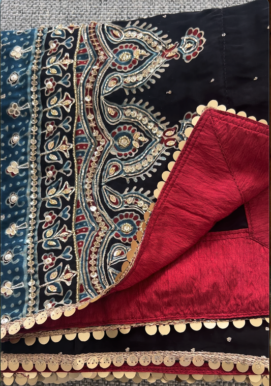 HAND BLOCKED HEAVY EMEBROIDERED AJRAKH DUPATTA