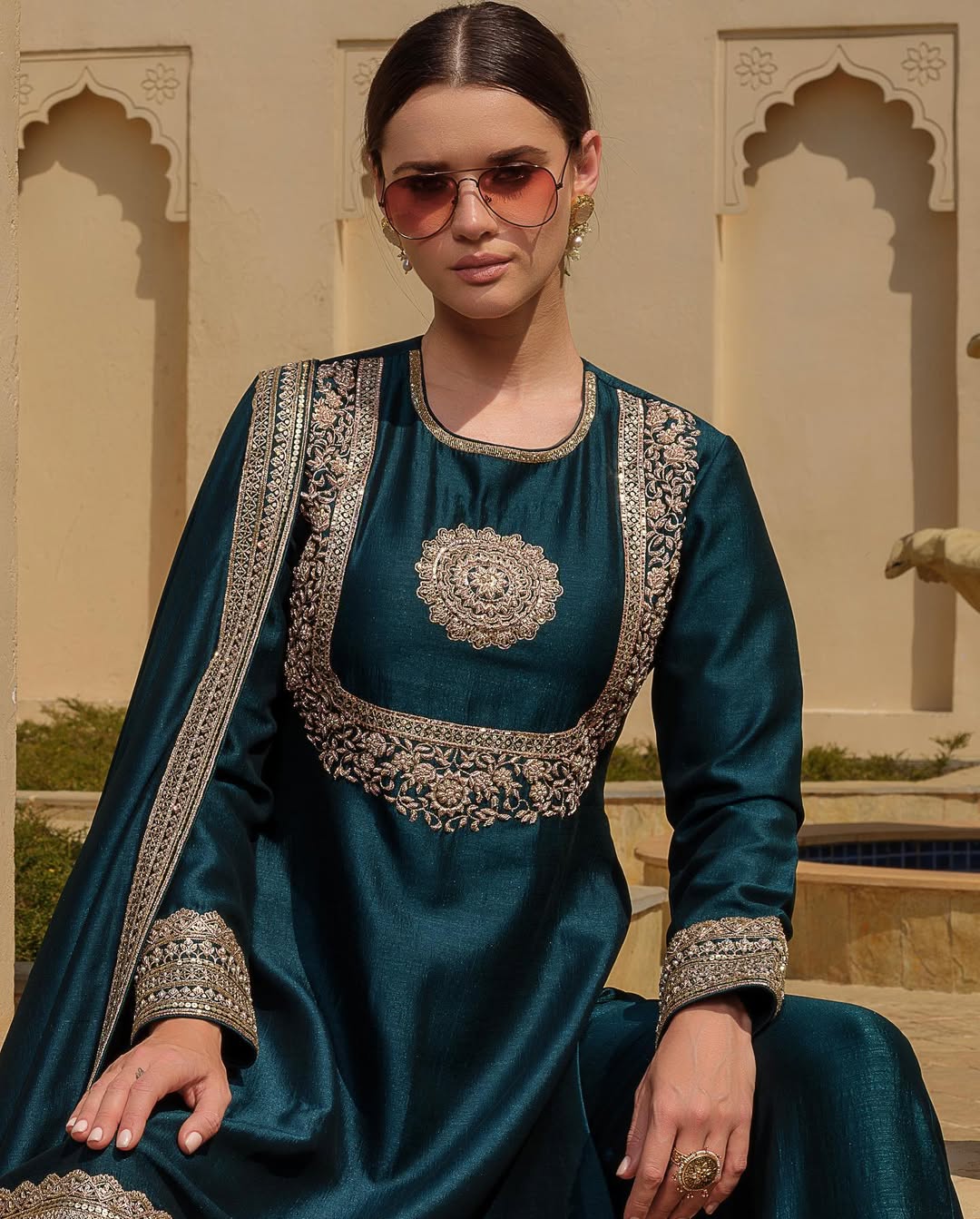 TEAL SILK BLUE GREEN ZARDOZI SALWAR SUIT