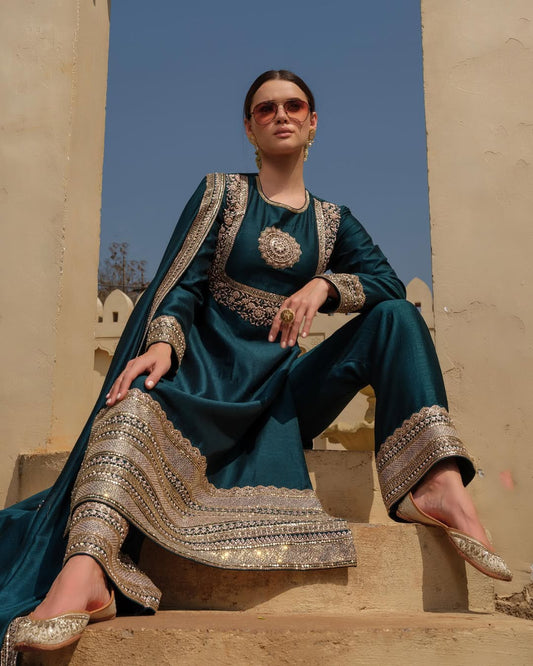 TEAL SILK BLUE GREEN ZARDOZI SALWAR SUIT