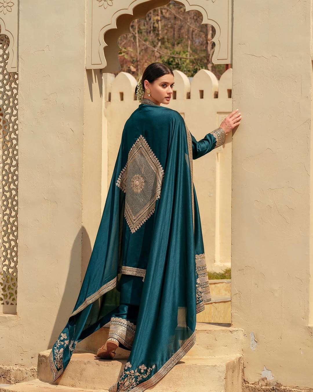 TEAL SILK BLUE GREEN ZARDOZI SALWAR SUIT