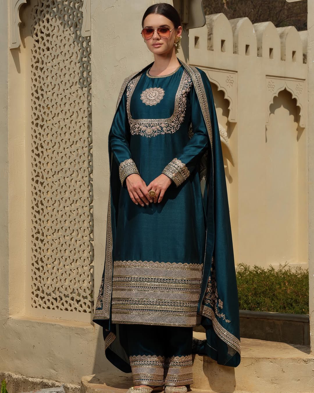 TEAL SILK BLUE GREEN ZARDOZI SALWAR SUIT