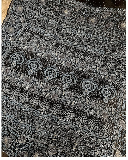 MIDNIGHT BLUE AND BLACK CHIKANKARI SARI