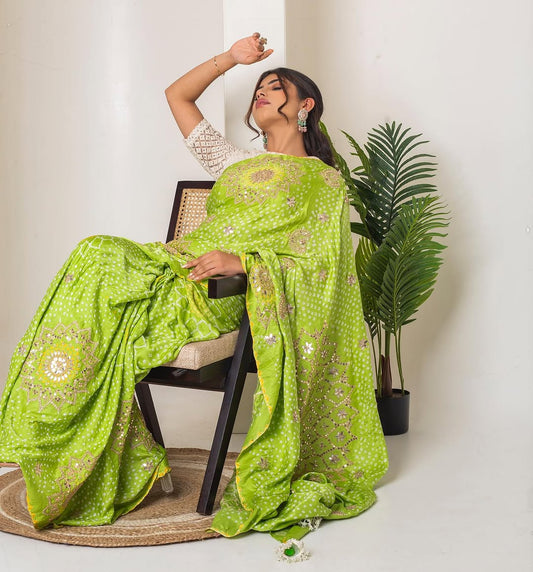 HANDCRAFTED BANDHANI SILK SARI- GREEN
