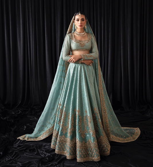 ZARDOZI & TILLA HAND EMBROIDERED LIGHT BLUE BRIDAL LEHENGA