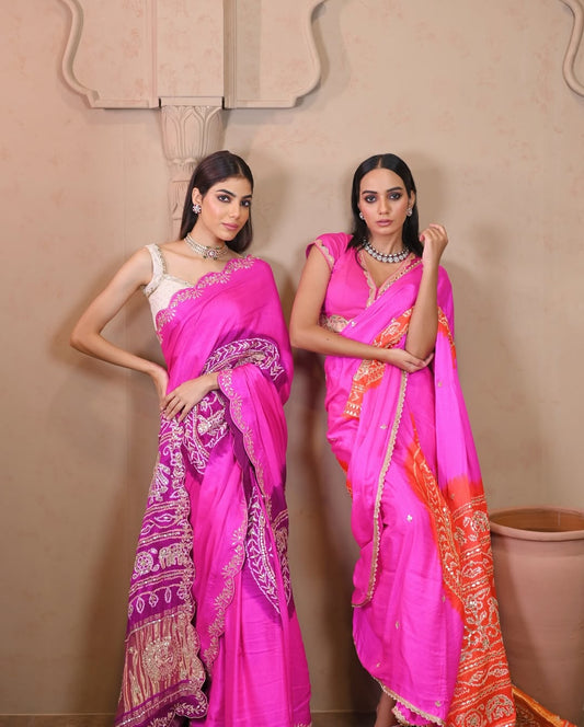 HANDCRAFTED BANDHANI SILK SARI- PINK & PURPLE