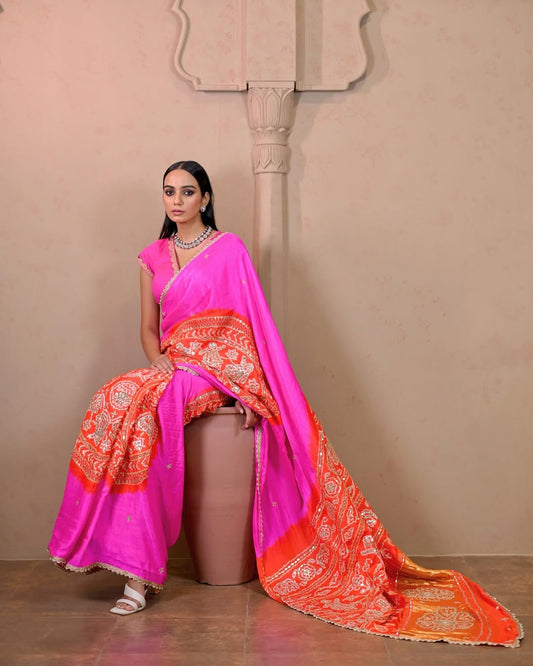 HANDCRAFTED BANDHANI SILK SARI- PINK & ORANGE