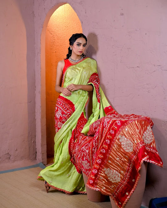 HANDCRAFTED BANDHANI SILK SARI- GREEN & RED