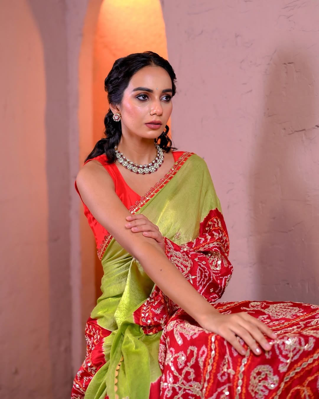 HANDCRAFTED BANDHANI SILK SARI- GREEN & RED