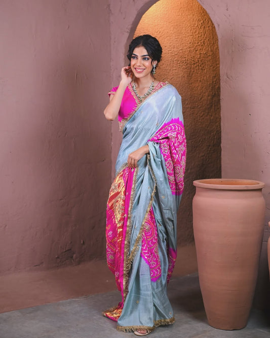 HANDCRAFTED BANDHANI SILK SARI- GREY & PINK