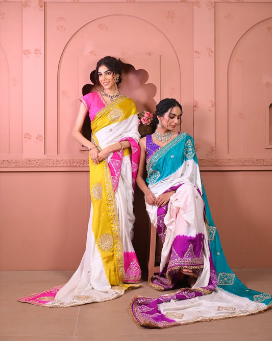 HANDCRAFTED BANDHANI SILK SARI- WHITE WITH YELLOW/BLUE