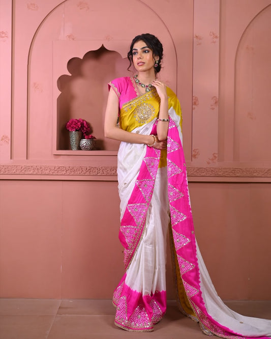 HANDCRAFTED BANDHANI SILK SARI- WHITE & PINK