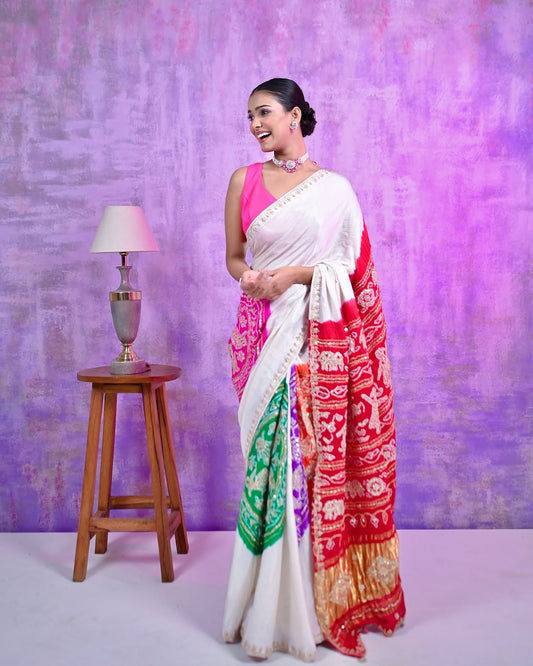 HANDCRAFTED MULTI COLOR BANDHINI SARI- WHITE