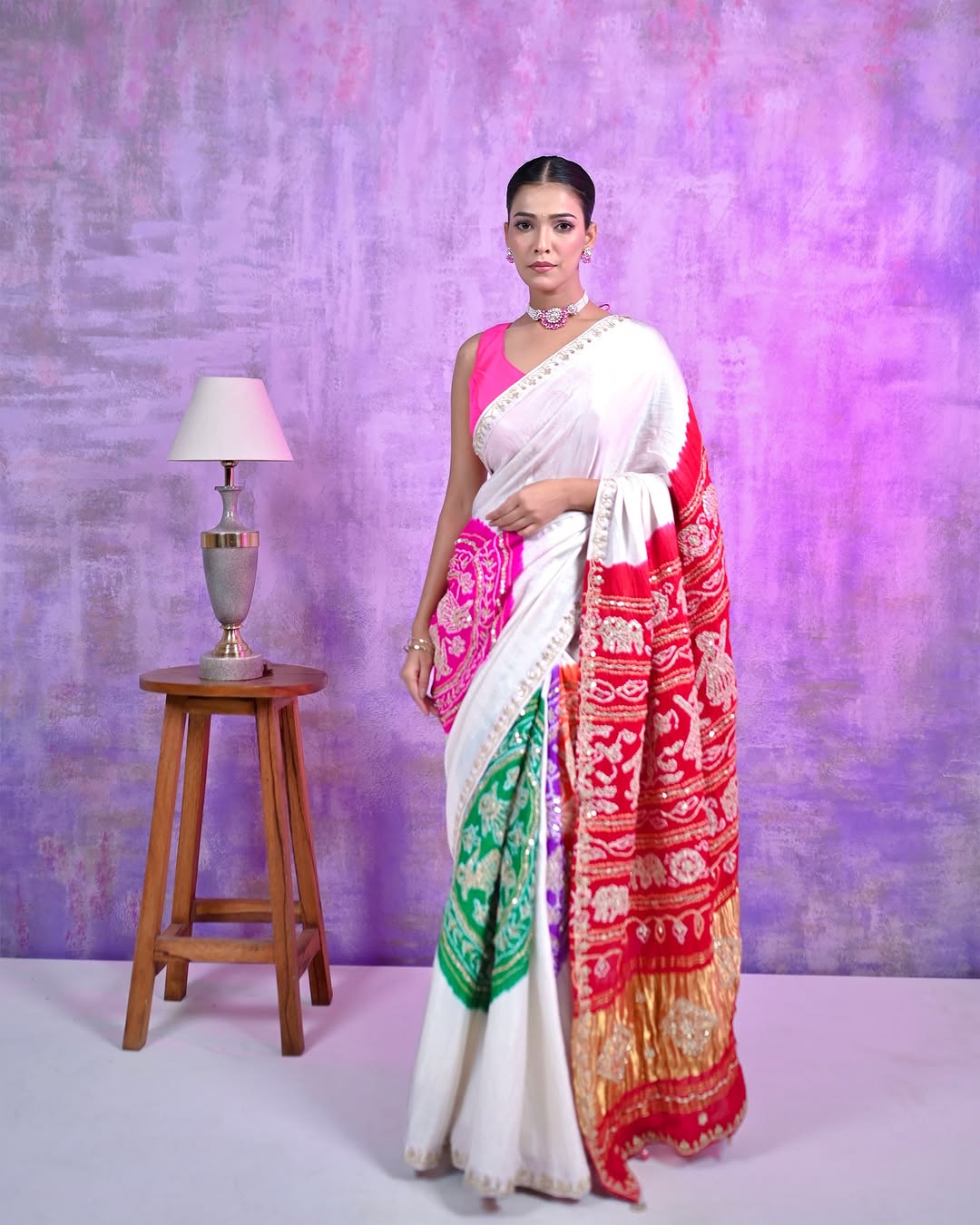 HANDCRAFTED MULTI COLOR BANDHINI SARI- WHITE