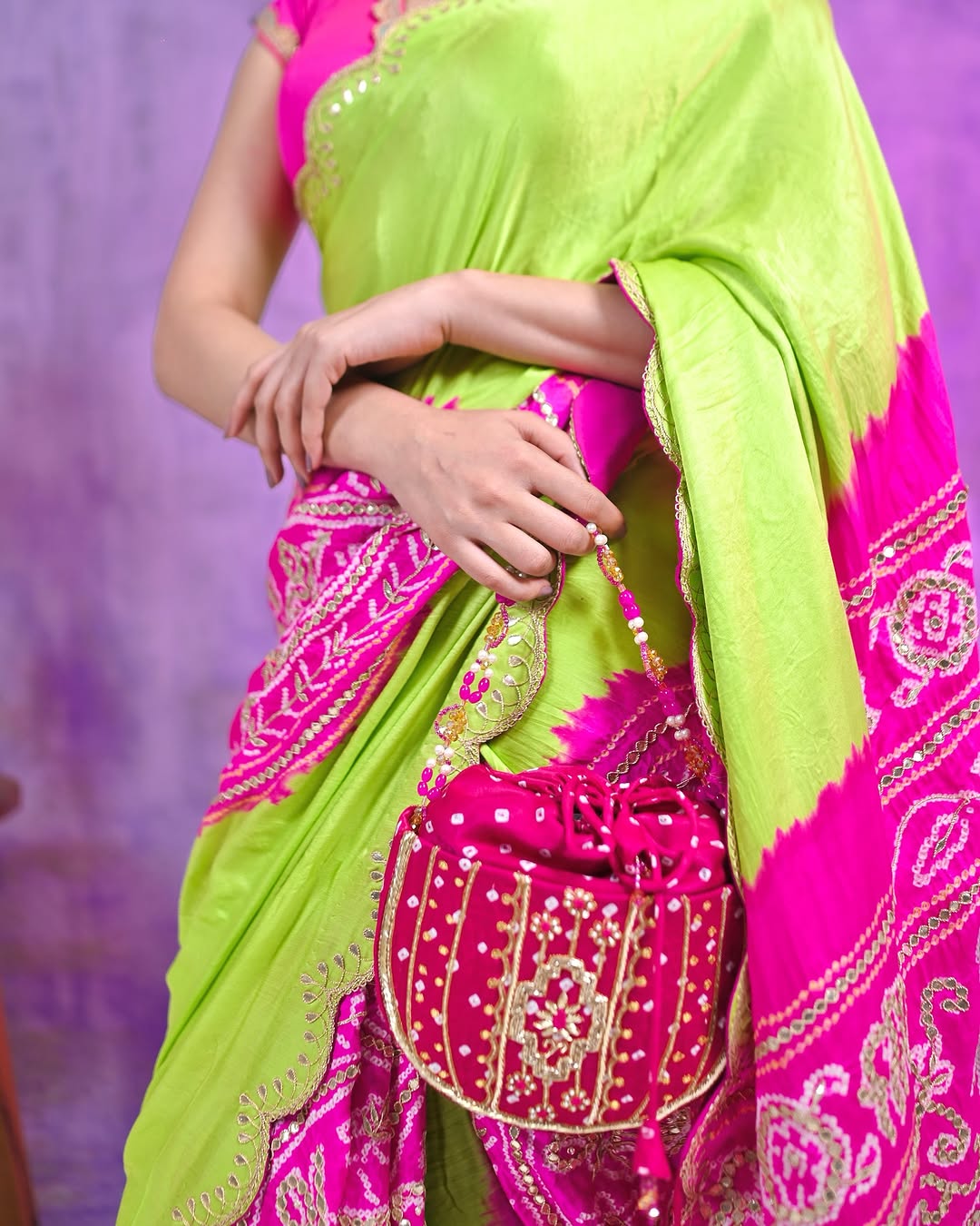 HANDCRAFTED BANDHANI SILK SARI- GREEN/PINK