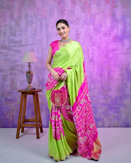 HANDCRAFTED BANDHANI SILK SARI- GREEN/PINK