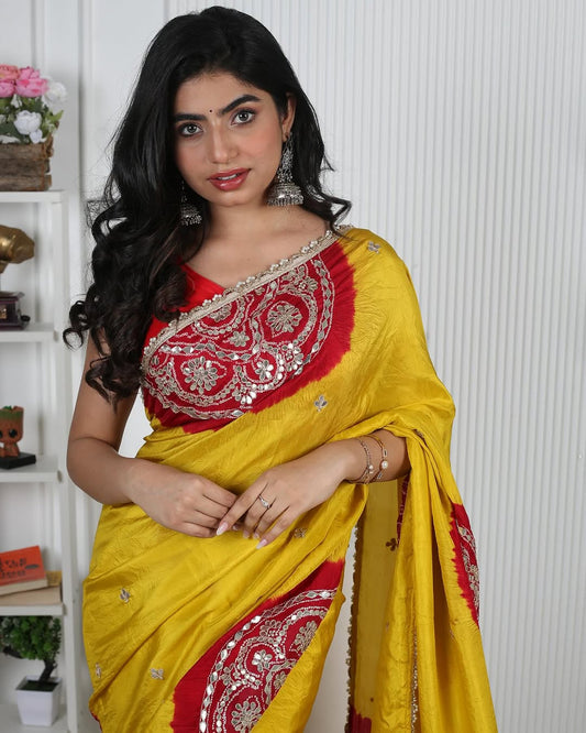 HANDCRAFTED BANDHANI SILK SARI- YELLOW & RED