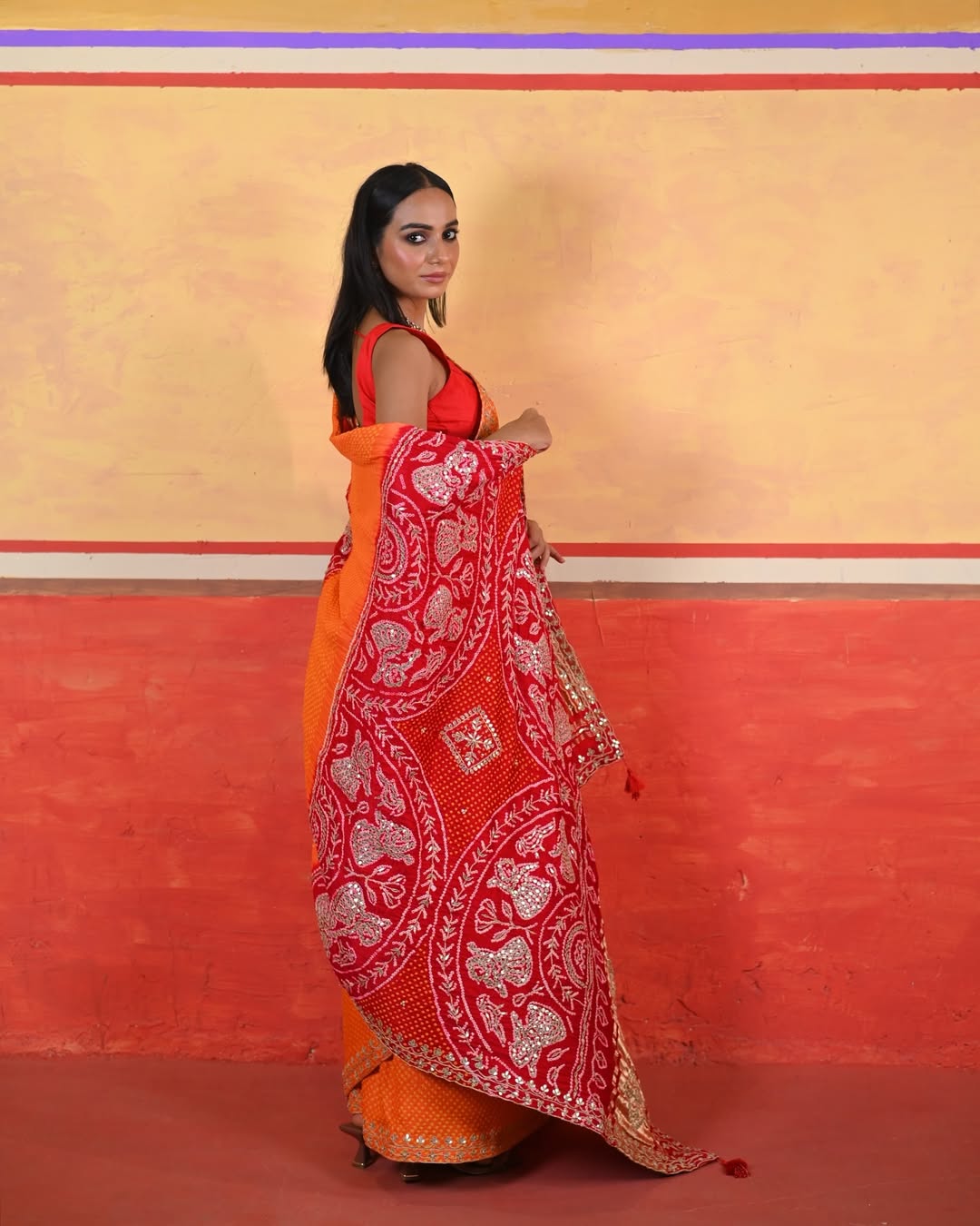 HANDCRAFTED BANDHANI SILK SARI- ORANGE & RED