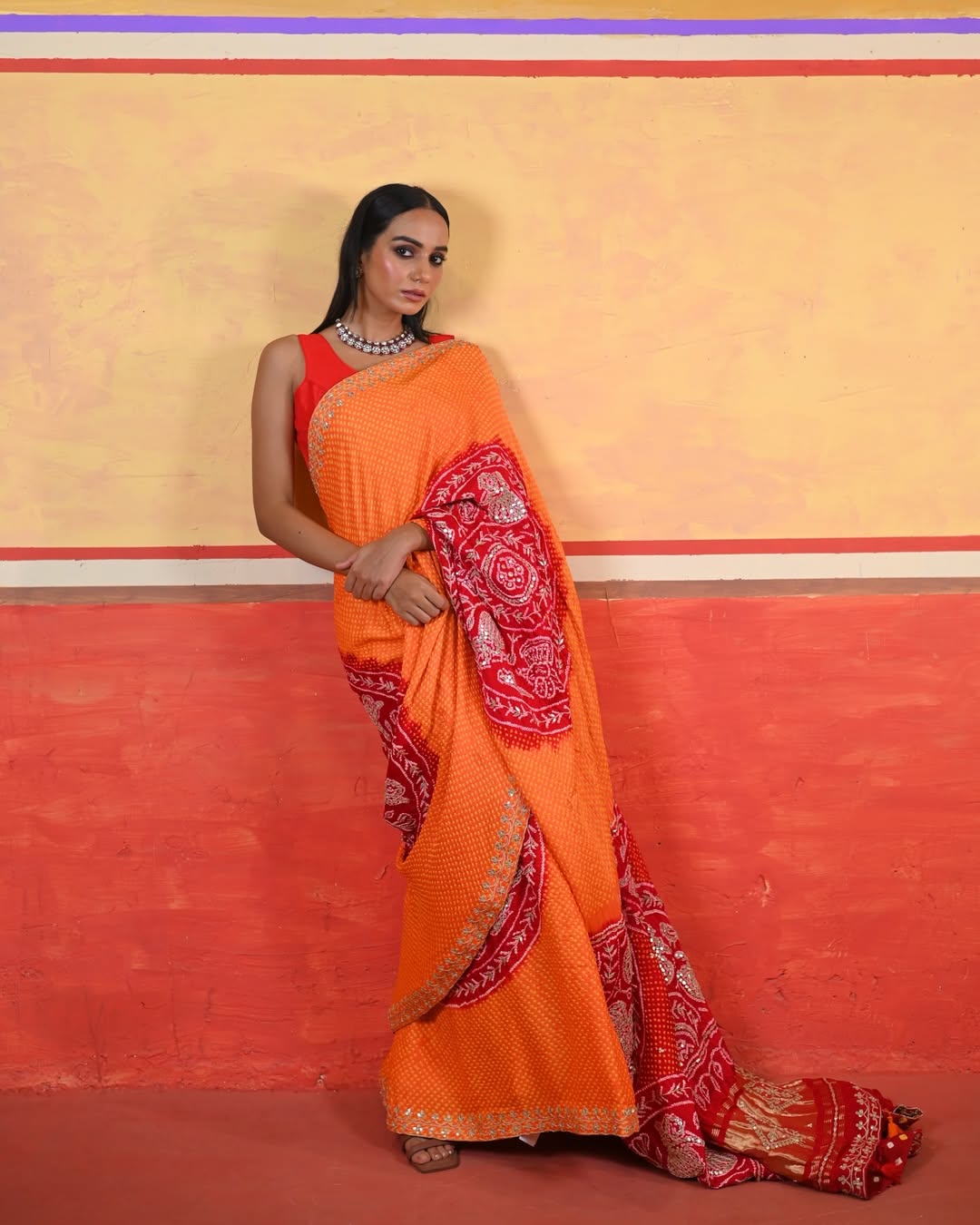 HANDCRAFTED BANDHANI SILK SARI- ORANGE & RED