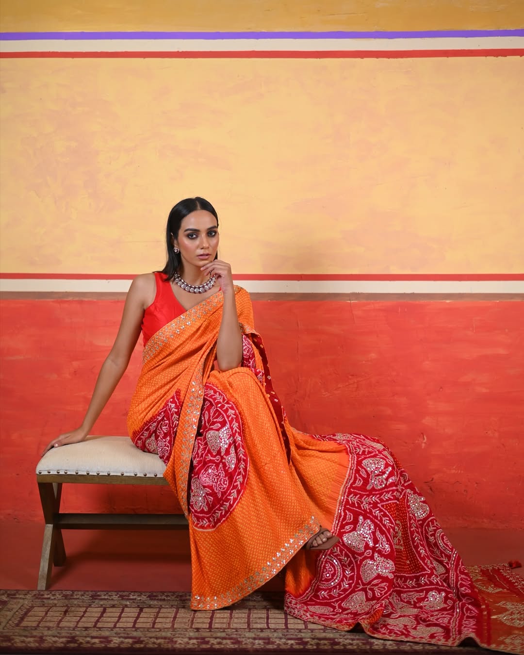 HANDCRAFTED BANDHANI SILK SARI- ORANGE & RED