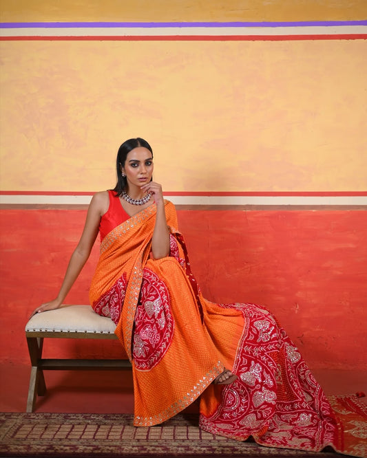 HANDCRAFTED BANDHANI SILK SARI- ORANGE & RED