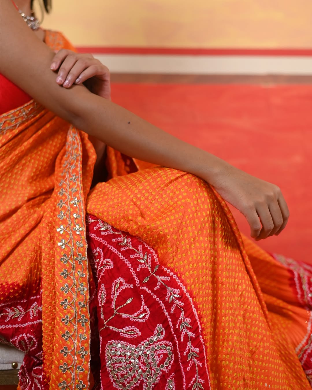 HANDCRAFTED BANDHANI SILK SARI- ORANGE & RED
