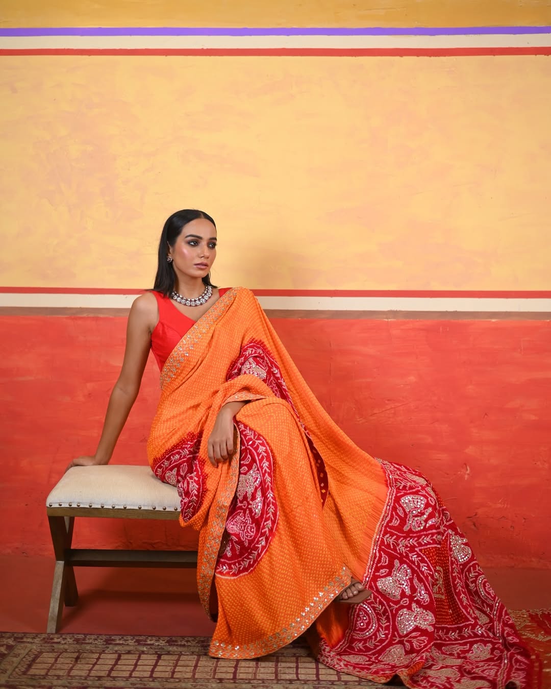 HANDCRAFTED BANDHANI SILK SARI- ORANGE & RED