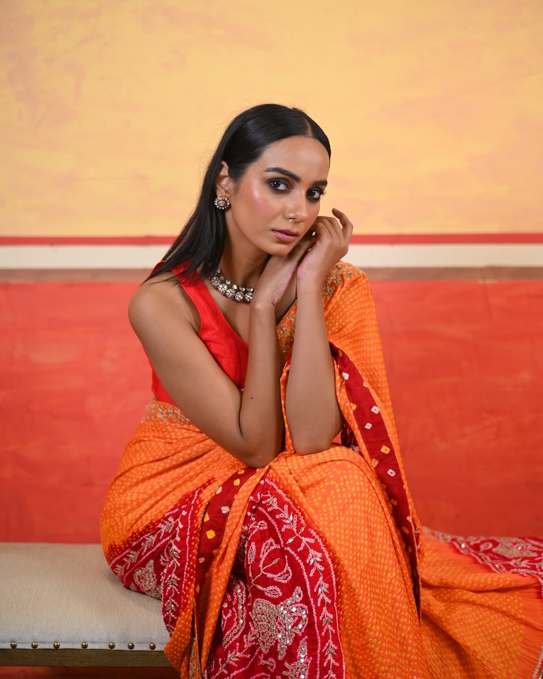 HANDCRAFTED BANDHANI SILK SARI- ORANGE & RED