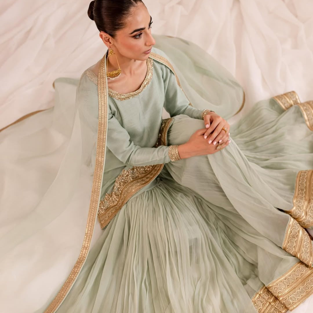 PASTEL GREEN ZARDOZI VELVET SILK GHARARA SET