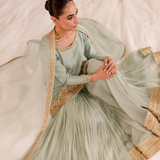 PASTEL GREEN ZARDOZI VELVET SILK GHARARA SET