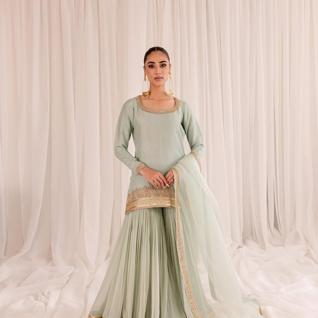 PASTEL GREEN ZARDOZI VELVET SILK GHARARA SET