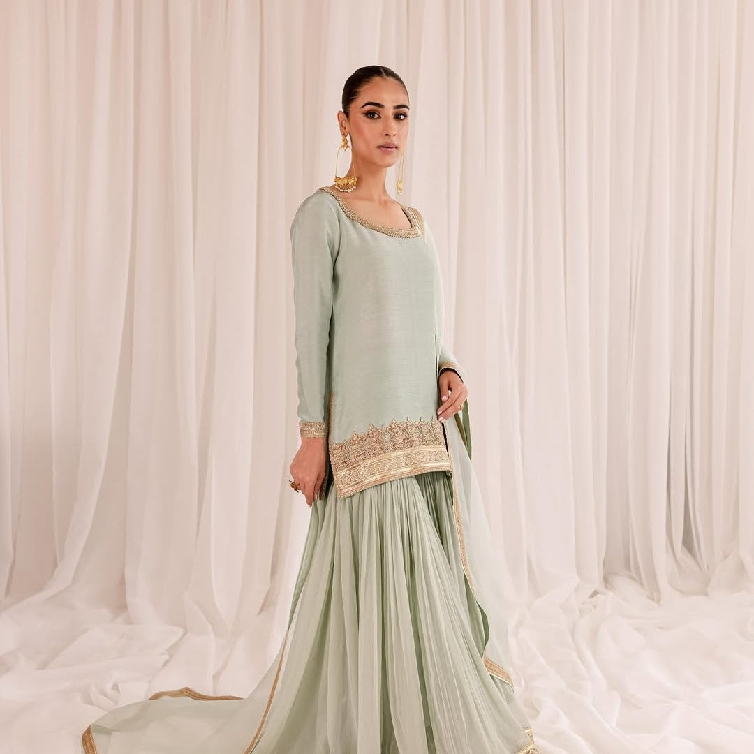 PASTEL GREEN ZARDOZI VELVET SILK GHARARA SET